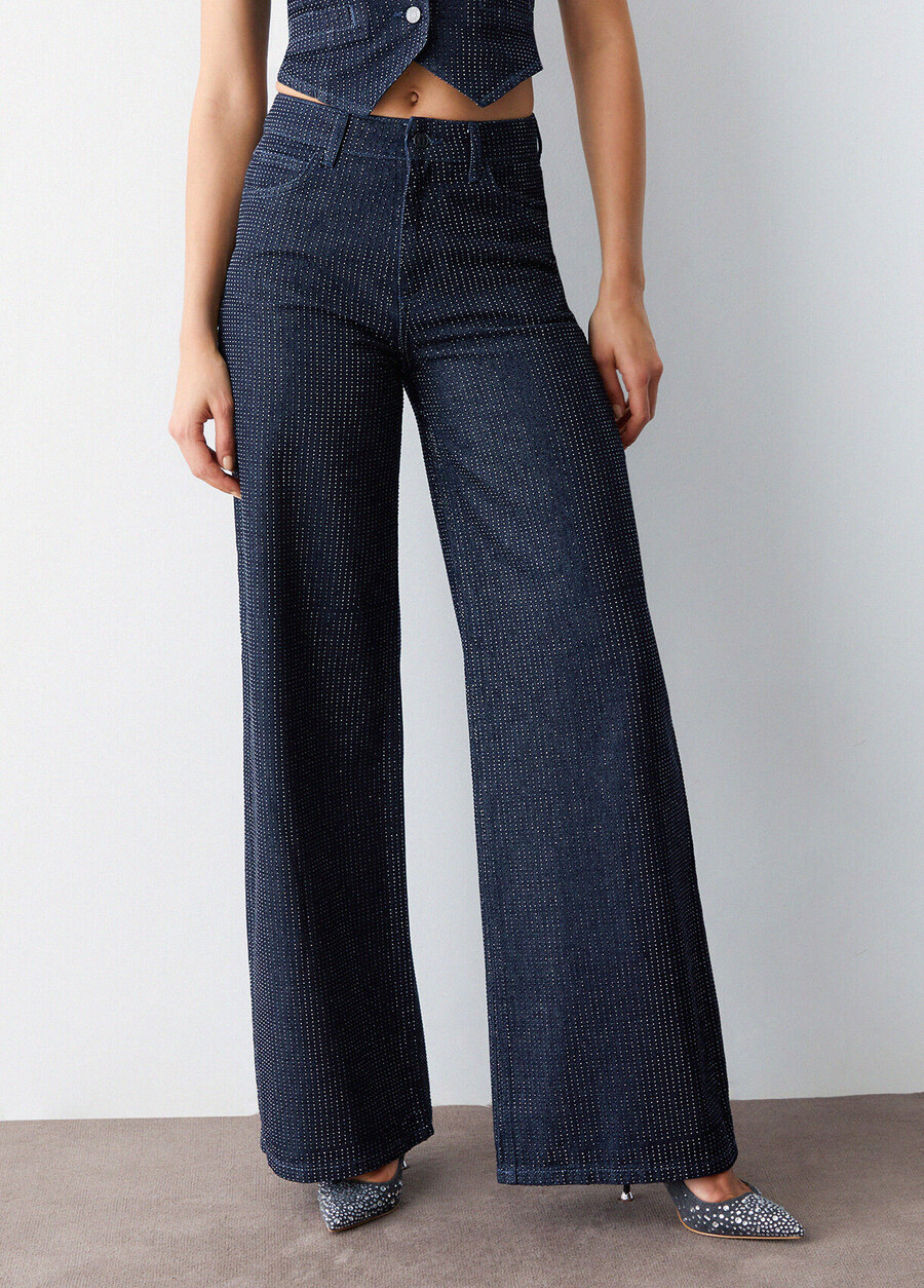 jeans palazzo entièrement ornés de strass