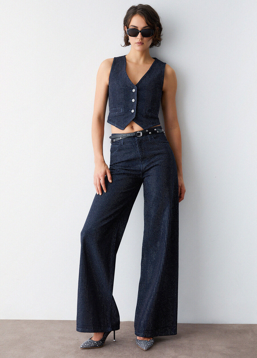 jeans palazzo entièrement ornés de strass