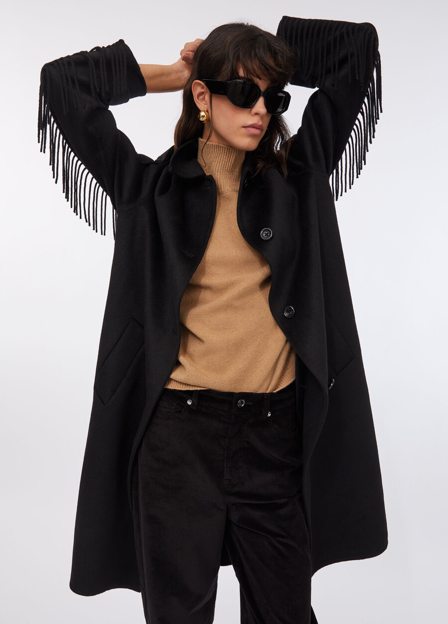 trench-coat en laine à franges
