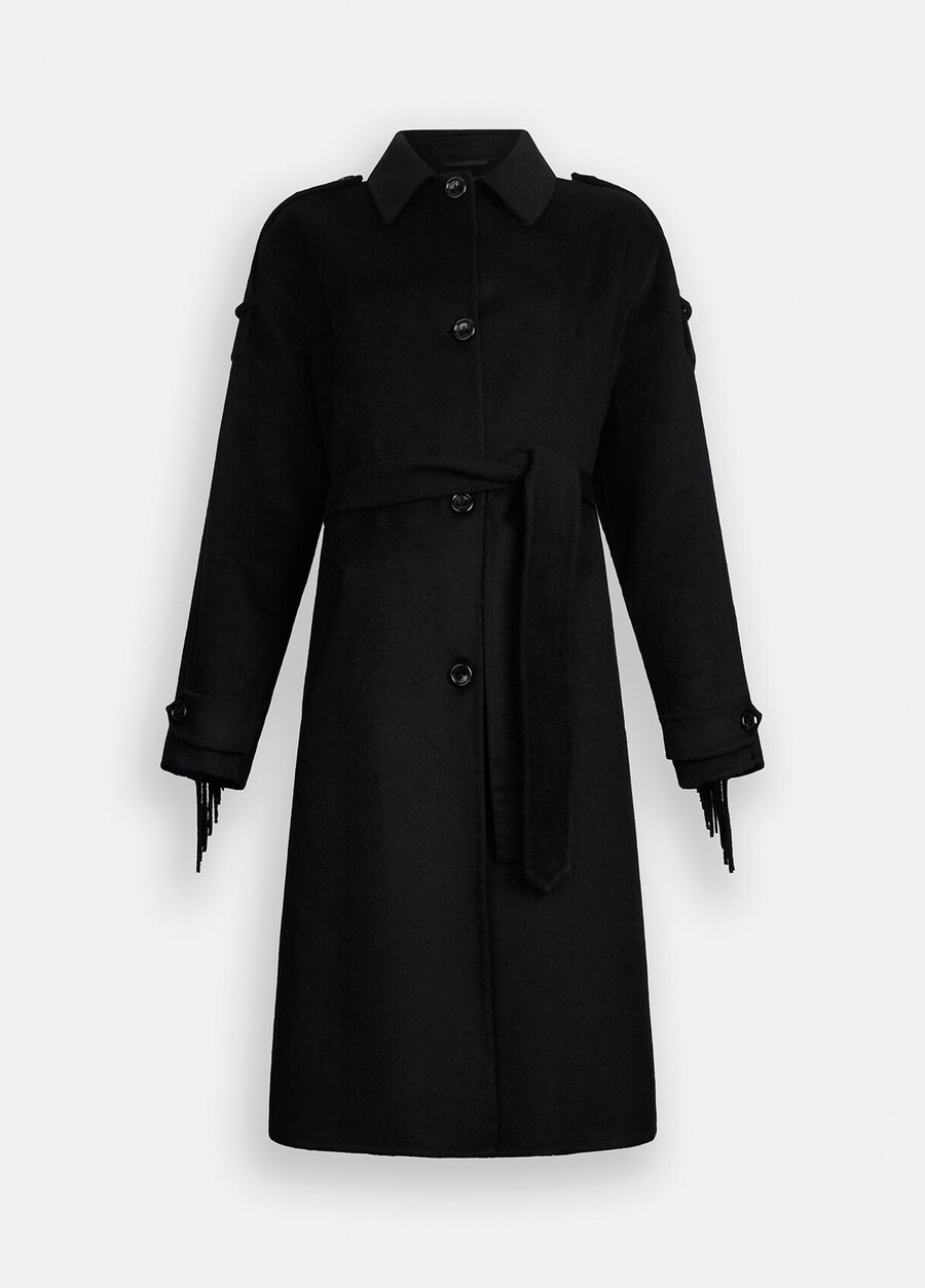 trench-coat en laine à franges