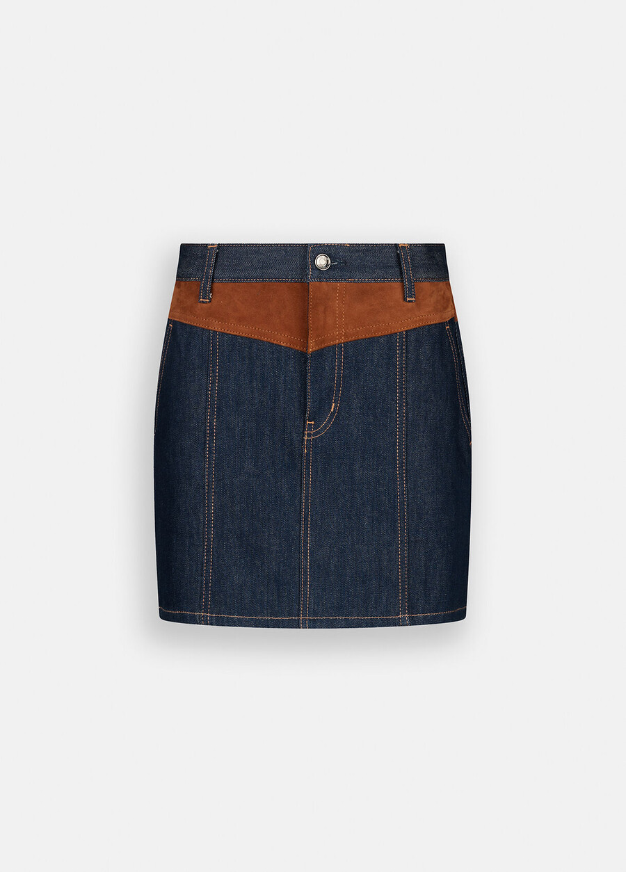 mini-jupe en jean avec empiècement en daim