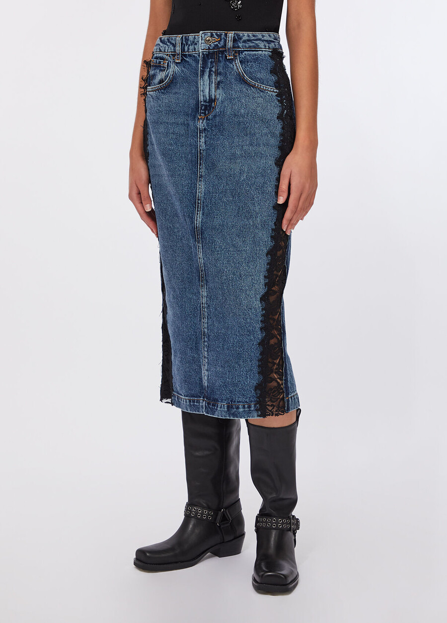 jupe midi en jean avec dentelle