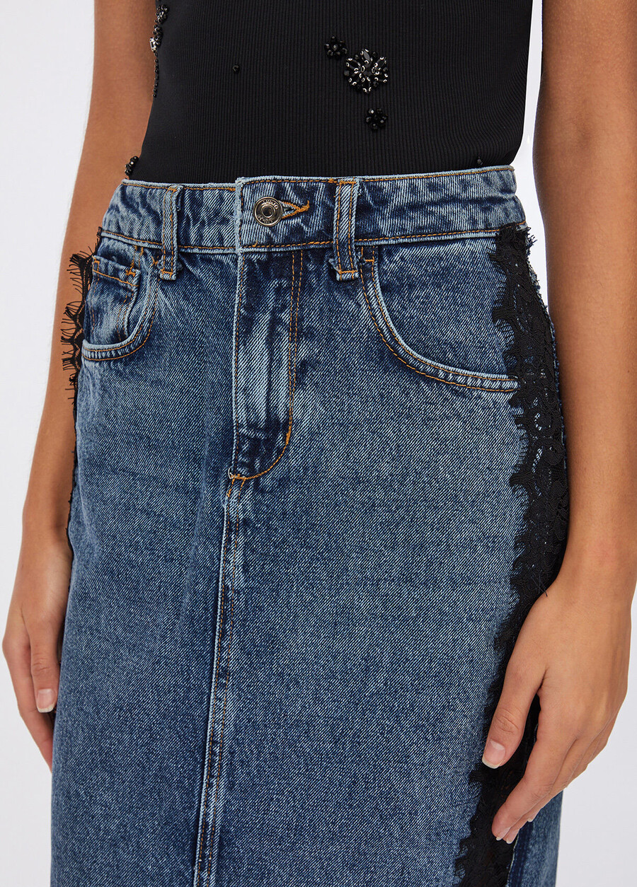 jupe midi en jean avec dentelle