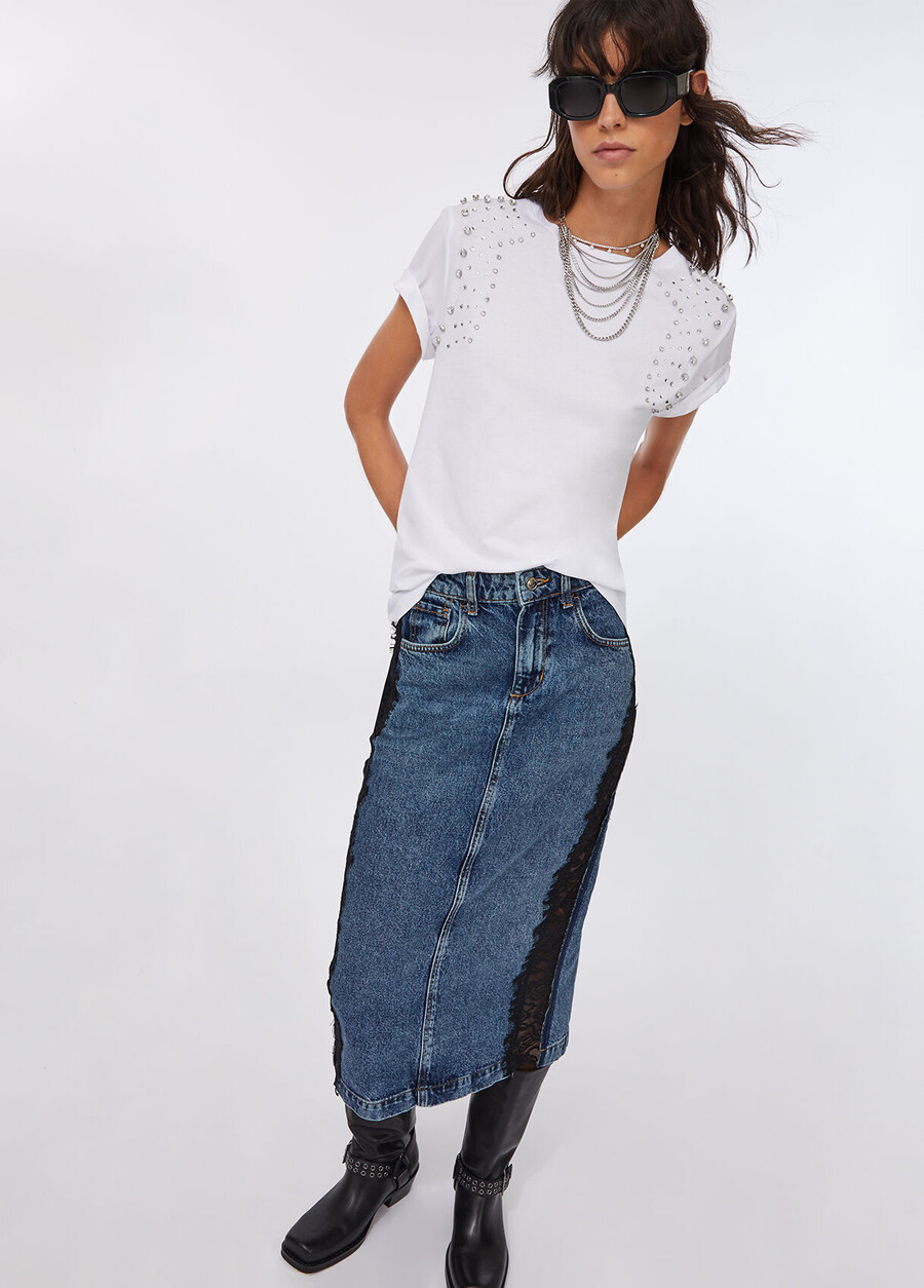 jupe midi en jean avec dentelle