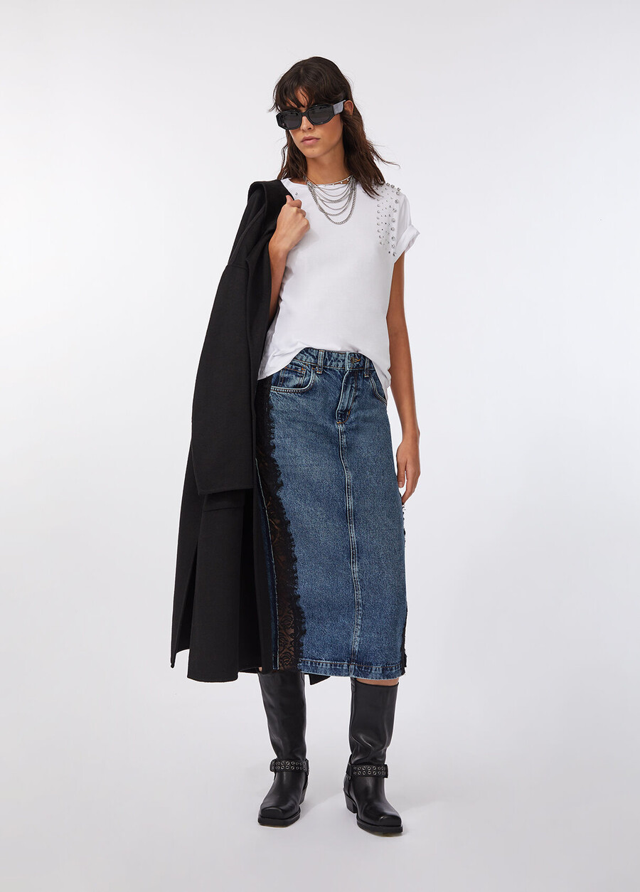 jupe midi en jean avec dentelle
